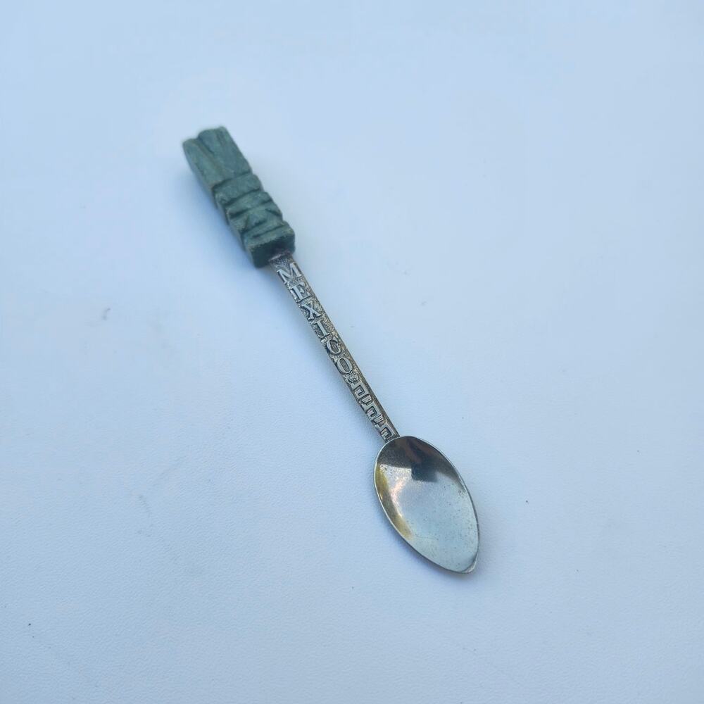 Vintage Mexico Souvenir Spoon Alpaca Silver Jade Handle Aztec Mayan Totem 4in